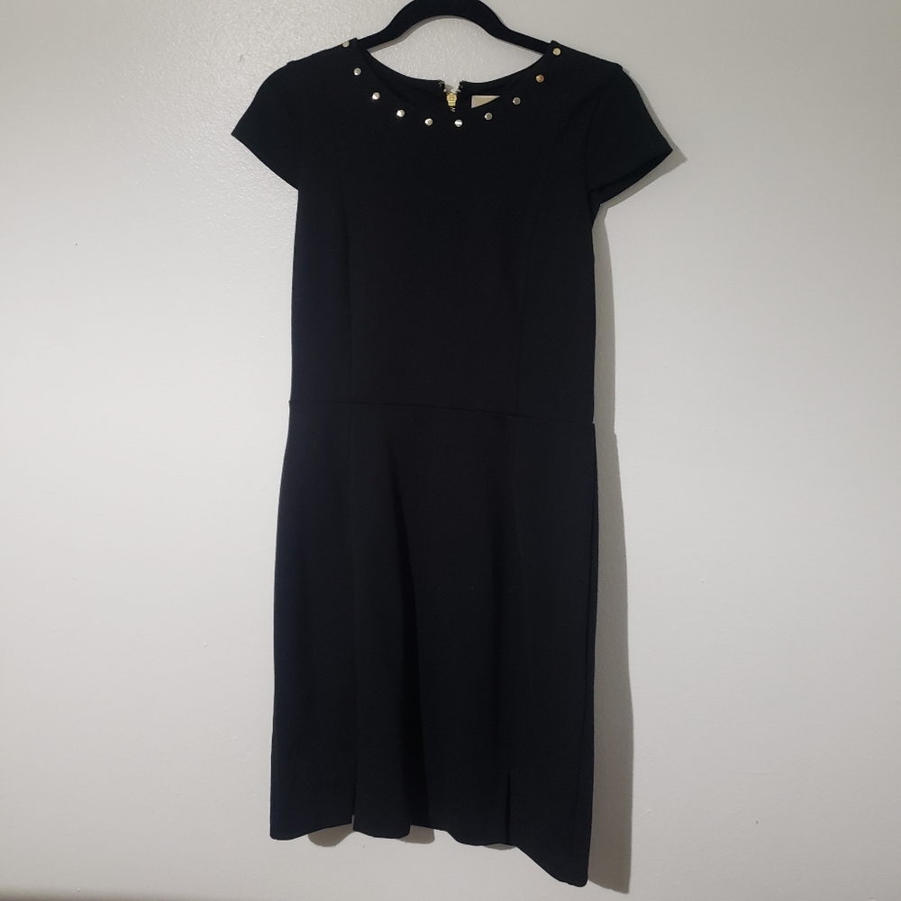 NWT MICHAEL Michael Kors Cap Sleeve Gold Stud Ponte Sheath Dress Black S $175